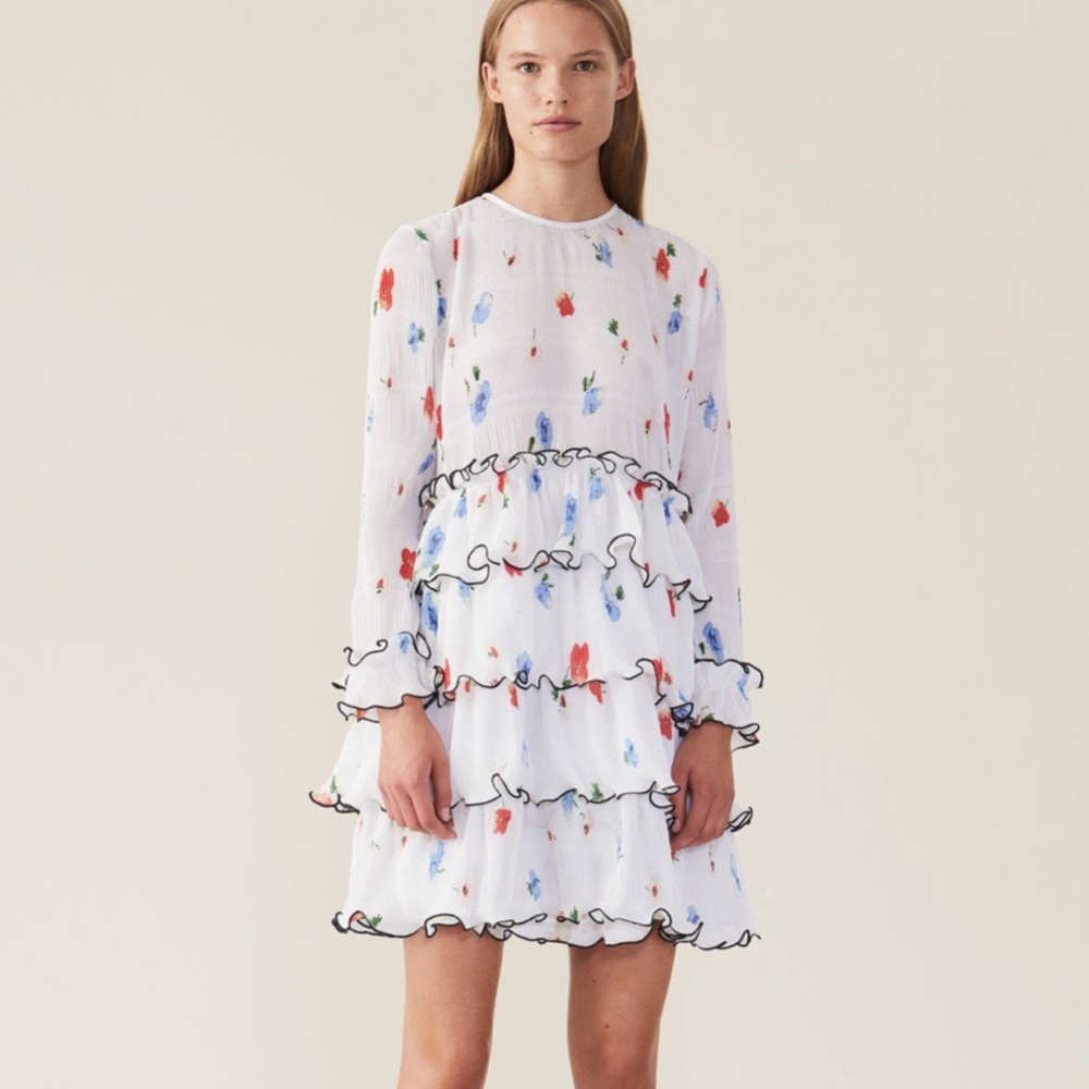 Ganni Pleated Tiered Georgette Floral Mini Dress